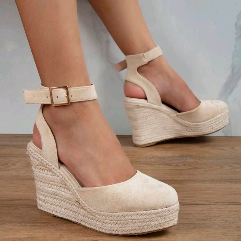 Women Beige Ankle Strap Woven Wedge Sandals, Round Toe High Heel For Vacation - Picture 2 of 6